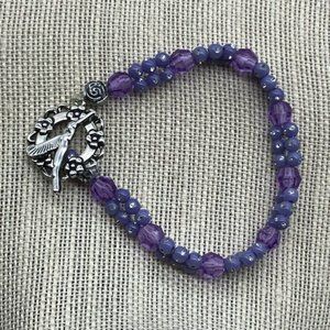 Hummingbird Toggle Bracelet 8 In Purple Silver Flowers Sparkle Faceted Retro